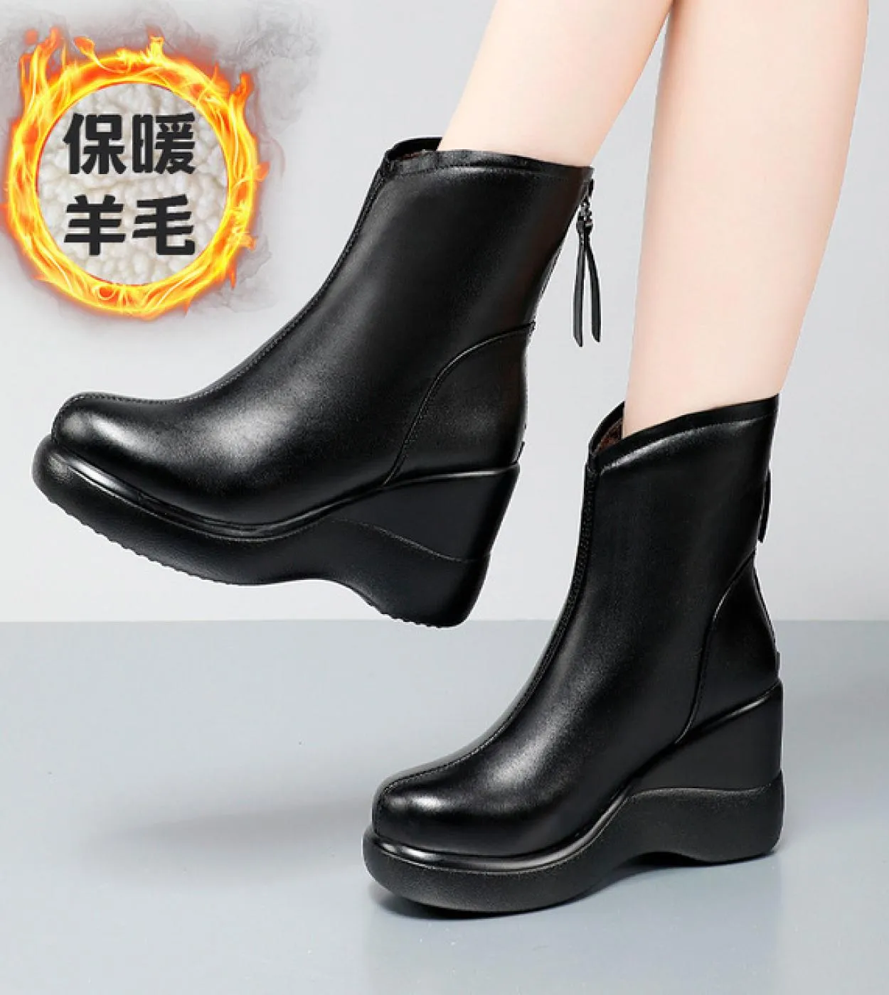 Stivali di pelle Piattaforma di moda Donna Zeppe femminili Metà polpaccio Botas Mujer Punta tonda Stile britannico Botas New Alt