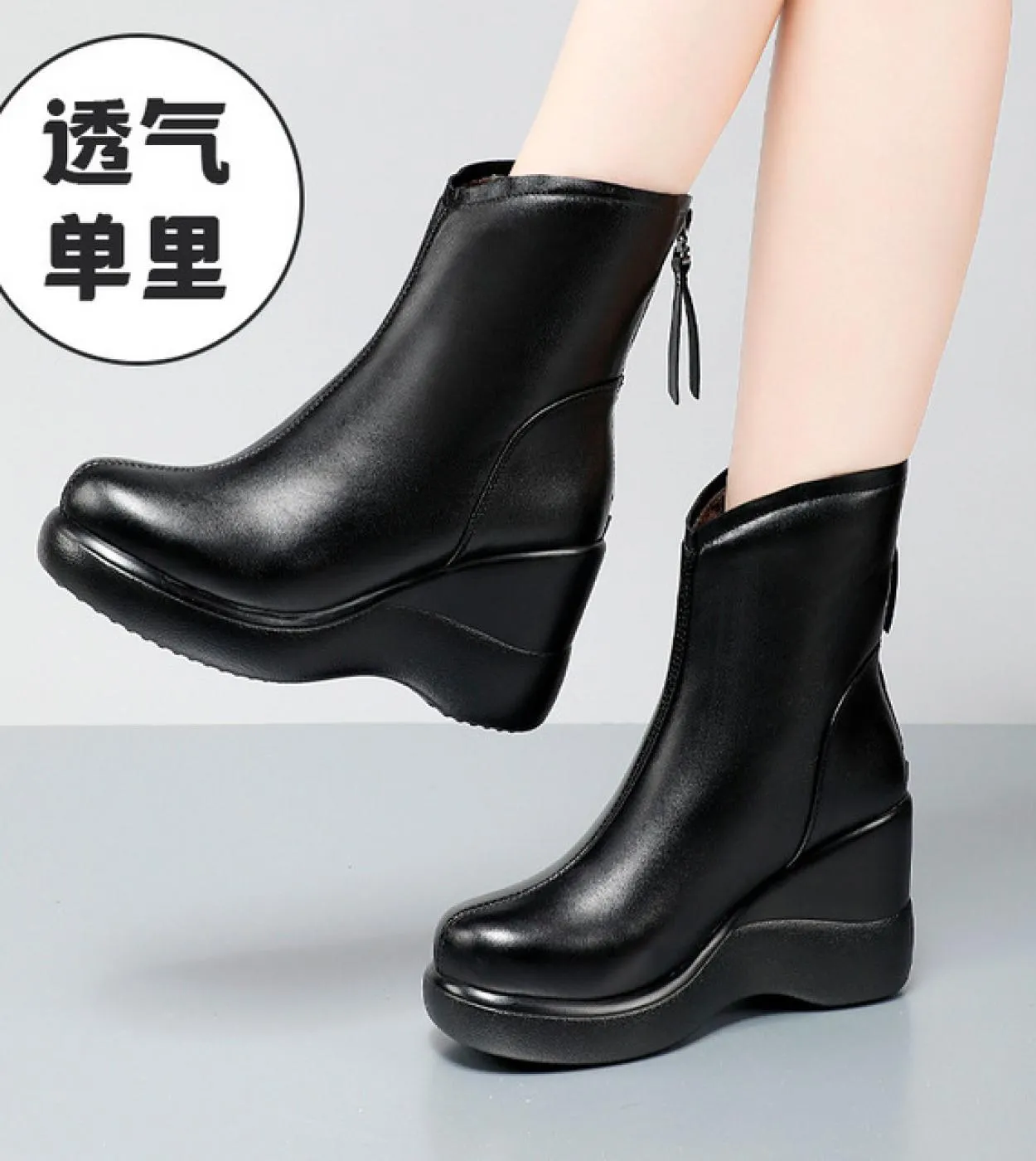 Stivali di pelle Piattaforma di moda Donna Zeppe femminili Metà polpaccio Botas Mujer Punta tonda Stile britannico Botas New Alt